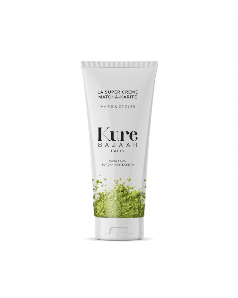Kure Bazaar La Super Creme Matcha-Karité – weiße Tube mit grünem Matcha-Design, weißem Hintergrund – Handpflege