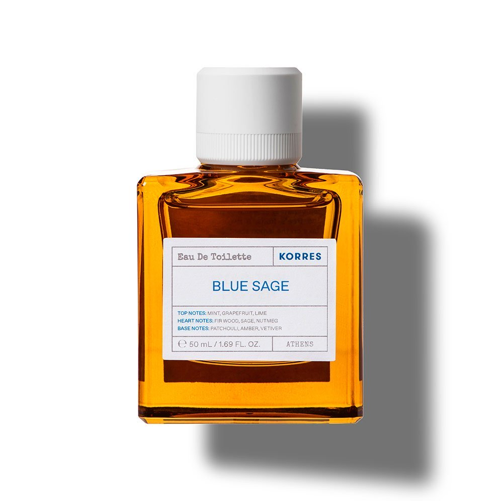 KORRES Blue Sage Eau de Toilette – bernsteinfarbene Glasflasche 50ml, weißer Deckel, weißer Hintergrund – Parfüm