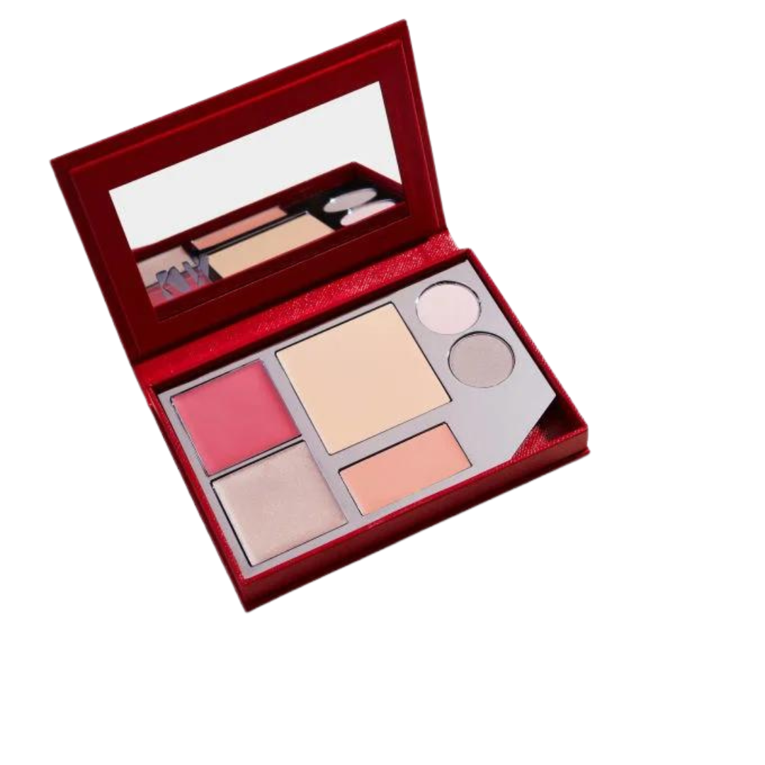 Collector's Kit – rote Samt-Palette mit Spiegel, mehreren Make-up-Farben, weißem Hintergrund – Make-up