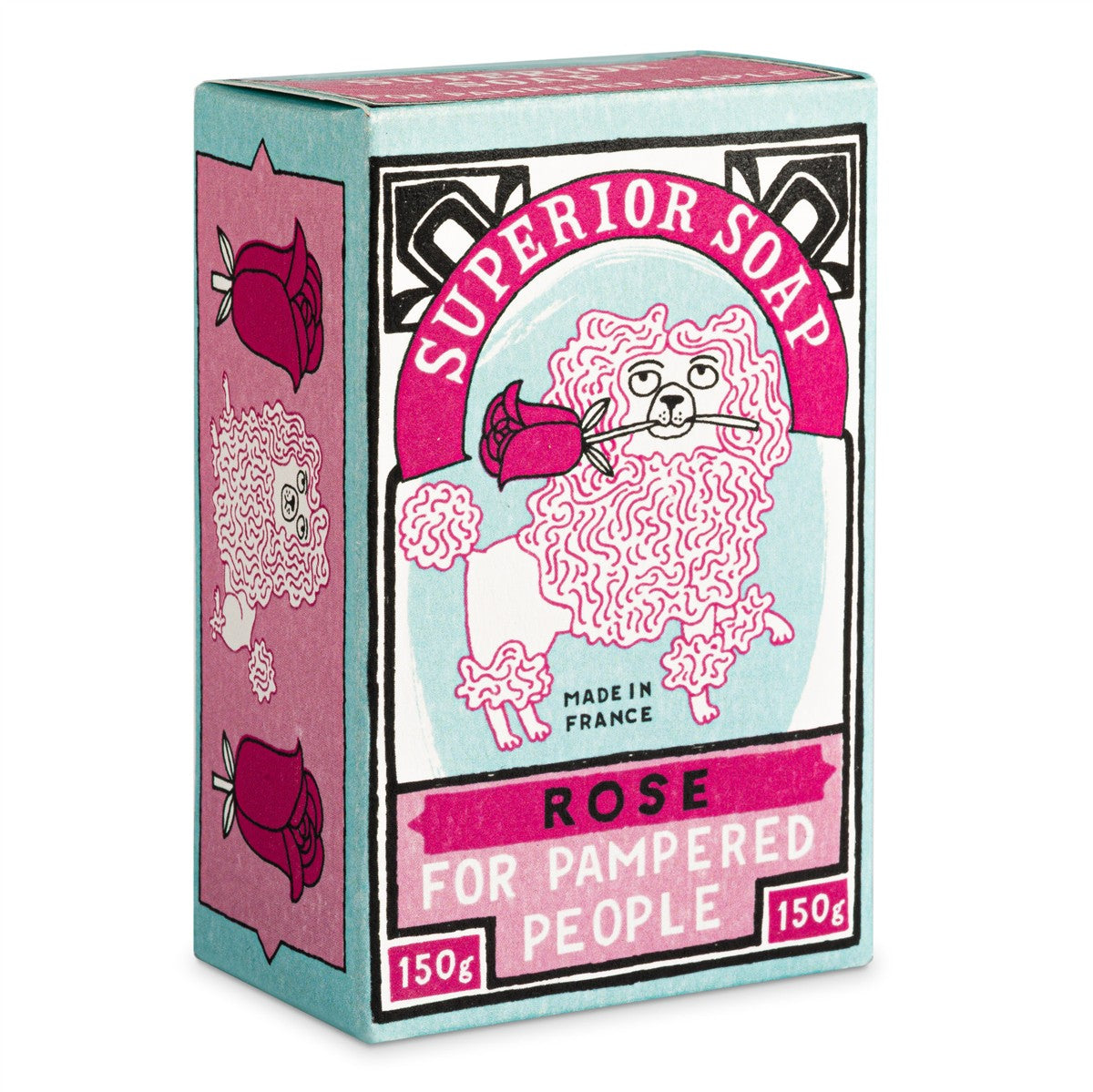Superior Soap Rose Handseife – 150g in mintfarbener Kartonverpackung mit rosafarbenem Hund – Hautpflege