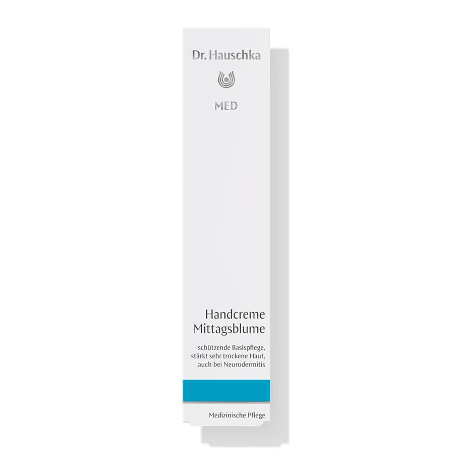 Dr. Hauschka Med Handcreme Mittagsblume – weiße Tube mit blauem Streifen, weißer Hintergrund – Hautpflege