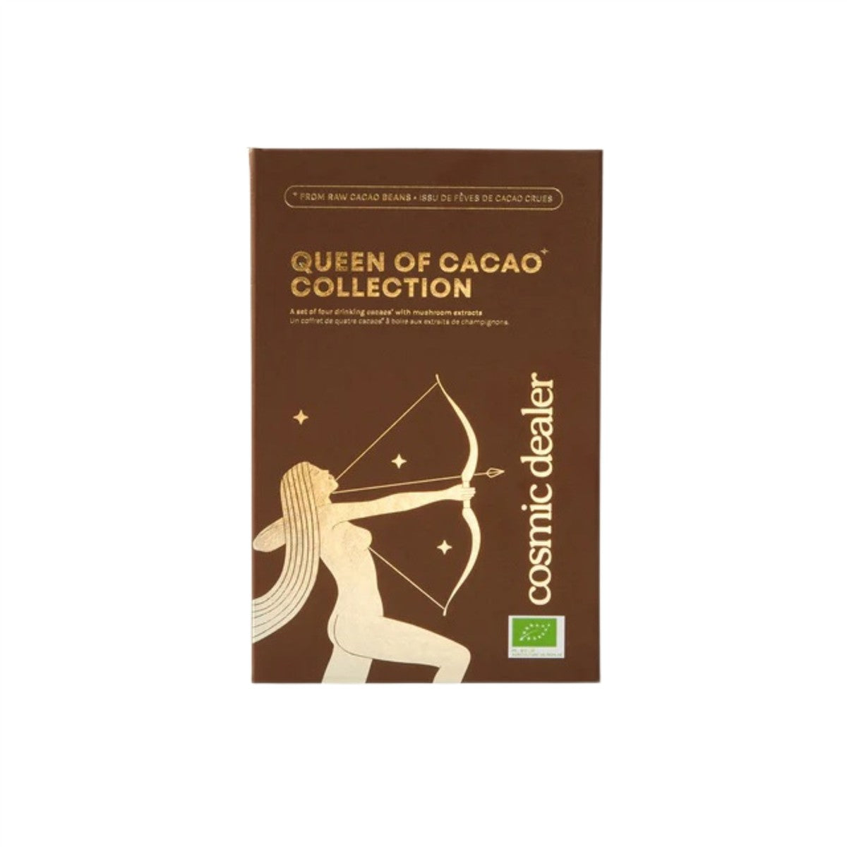 Cosmic Dealer Queen of Cacao Collection – brown packaging with golden archer, white background – health drink