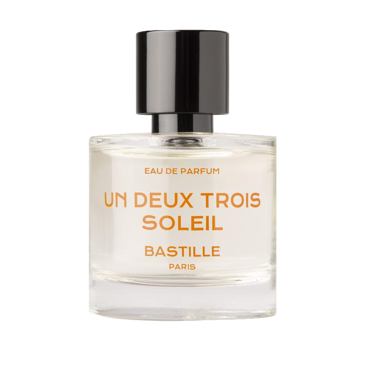 Un Deux Trois Soleil Eau de Parfum – klares Glasfläschchen 15ml, schwarzer Verschluss, weißer Hintergrund – Parfüm