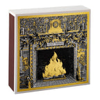 Fireside gift box – white cardboard with gold-black fireplace design, white background – scented candle