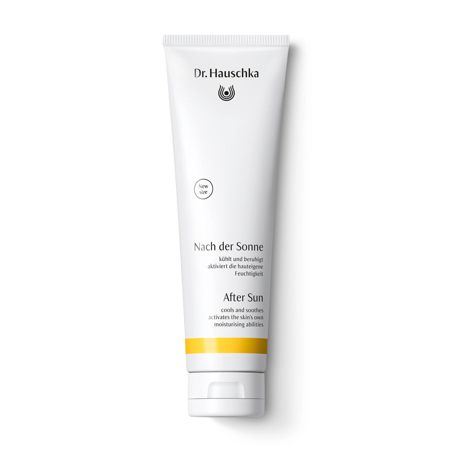 Dr. Hauschka Nach der Sonne – weiße Tube mit gelber Linie, weißem Verschluss, weißem Hintergrund – Hautpflege