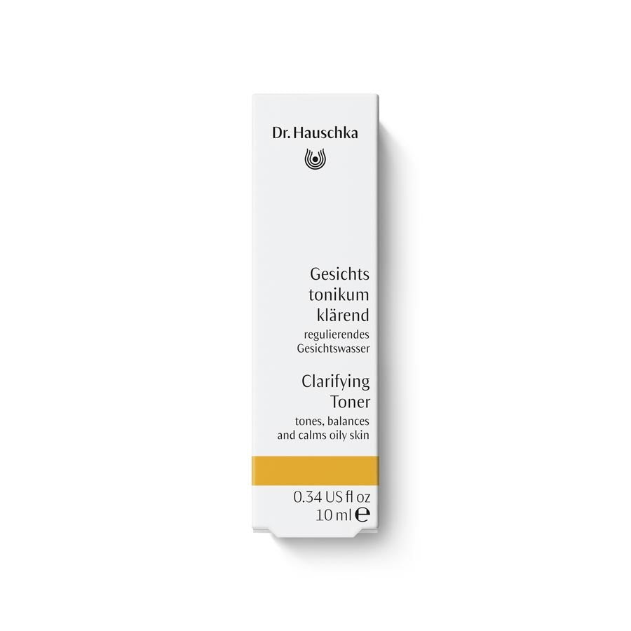 Dr. Hauschka Gesichtstonikum klärend – weißes Karton 10ml, goldene Akzentleiste, weißer Hintergrund – Hautpflege