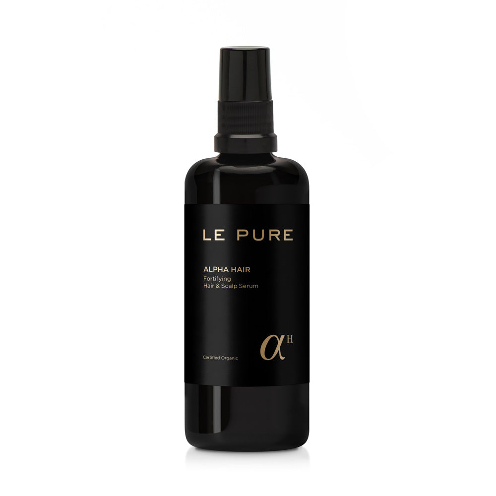 LE PURE Alpha Hair – schwarze Sprühflasche mit goldener Beschriftung, weißer Hintergrund – Haarpflege