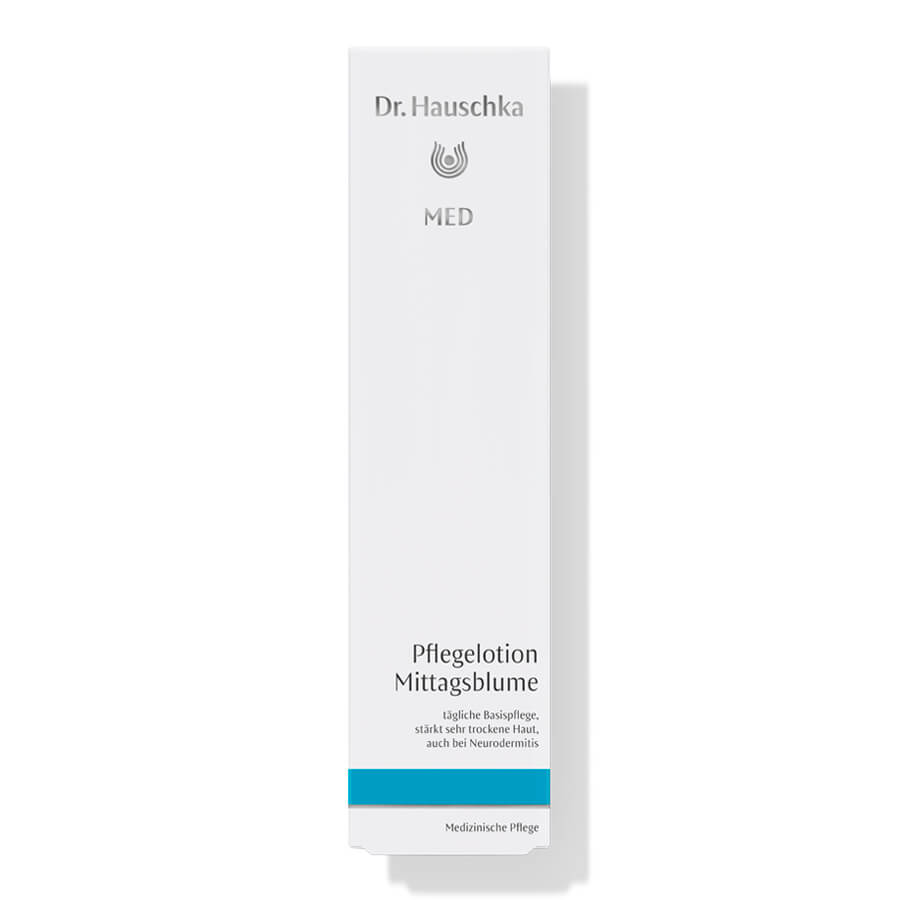 Dr. Hauschka MED Pflegelotion Mittagsblume – weiße Tube mit blauem Streifen, weißer Hintergrund – Hautpflege