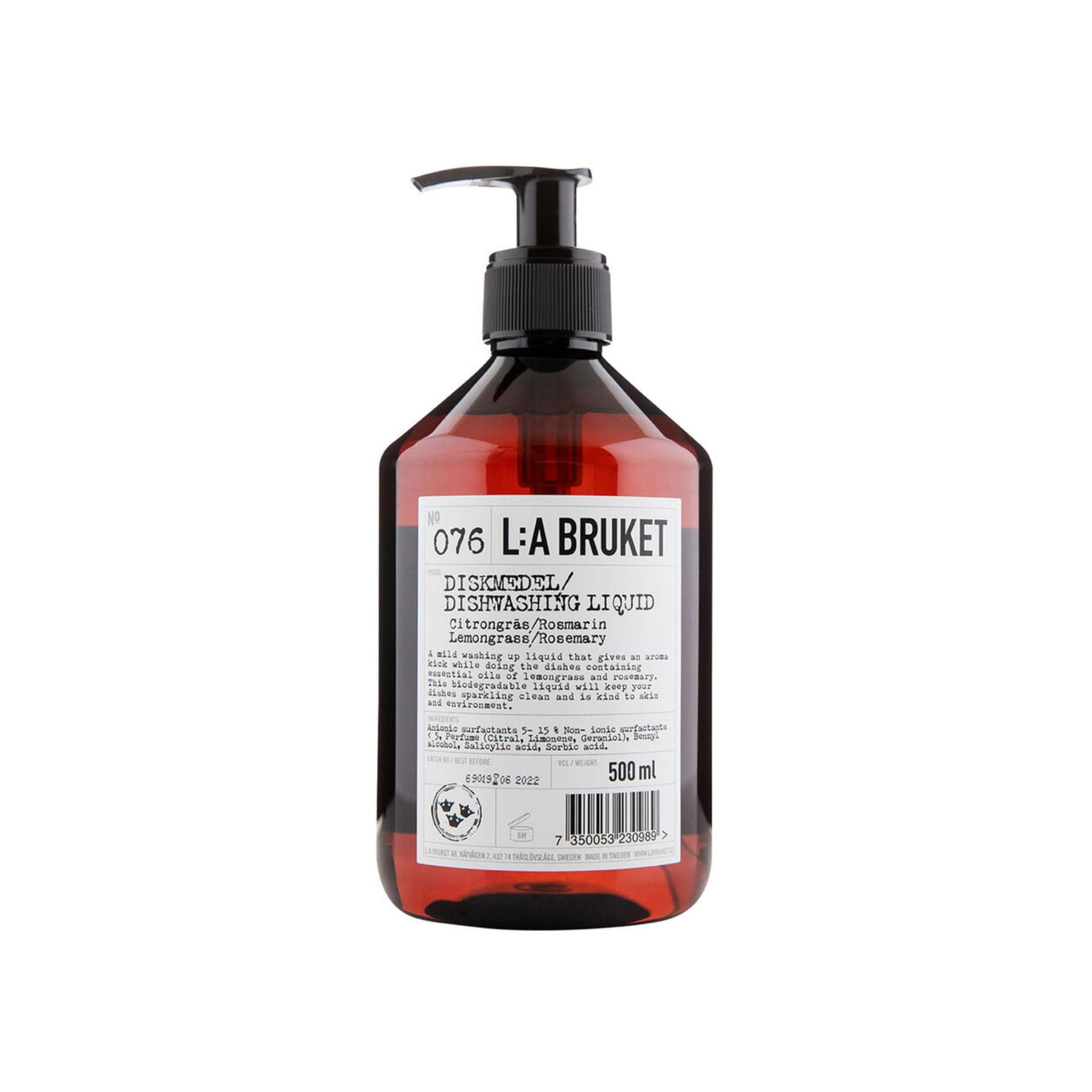 L:A Bruket No. 076 Dishwashing Liquid in a brown bottle with black pump, on a white background.