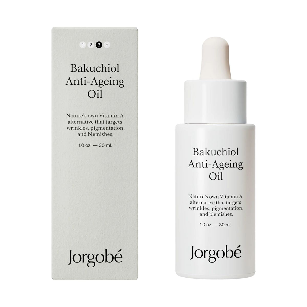 Jorgobé Bakuchiol Anti-Ageing Oil – white glass bottle 30ml with dropper cap, cream background – skin care