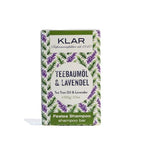 KLAR Festes Shampoo Teebaumöl & Lavendel – 100g, weiß-grüne Verpackung mit Lavendelmotiv, weißer Hintergrund – Haarpflege