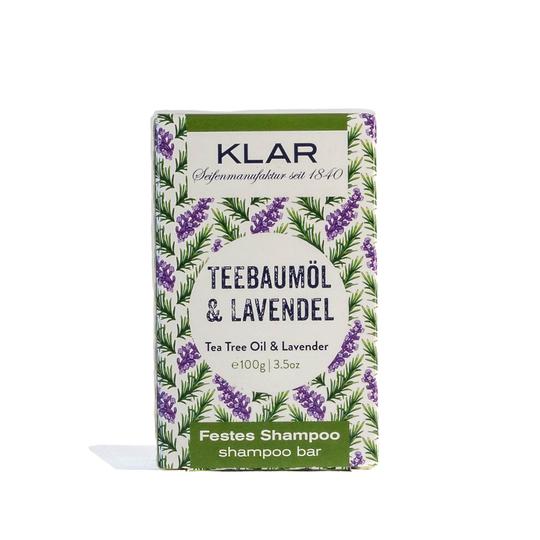 KLAR Festes Shampoo Teebaumöl & Lavendel – 100g, weiß-grüne Verpackung mit Lavendelmotiv, weißer Hintergrund – Haarpflege