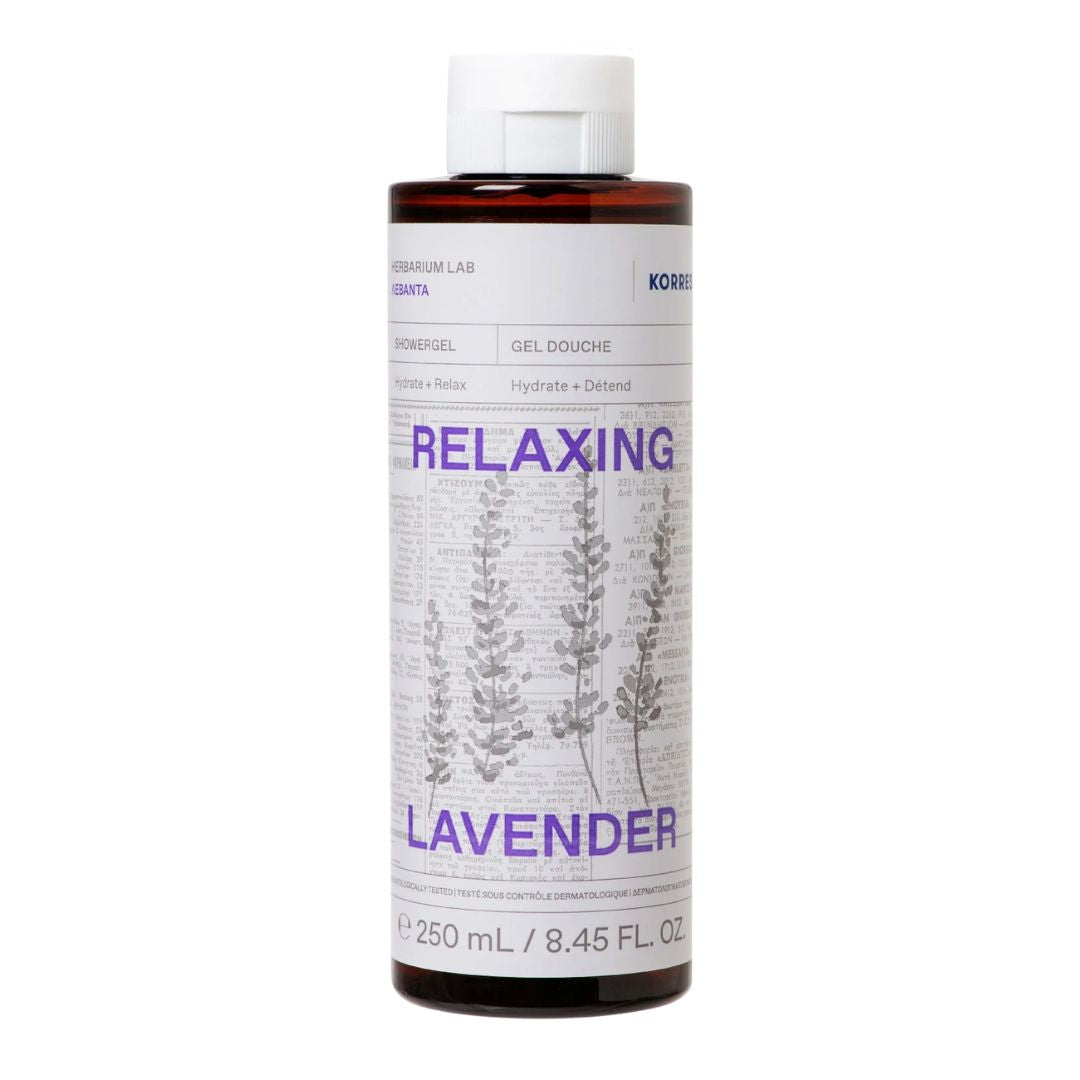Herbarium Lab Relaxing Lavender Duschgel – braune Flasche 250ml, weißer Deckel, weißer Hintergrund – Hautpflege