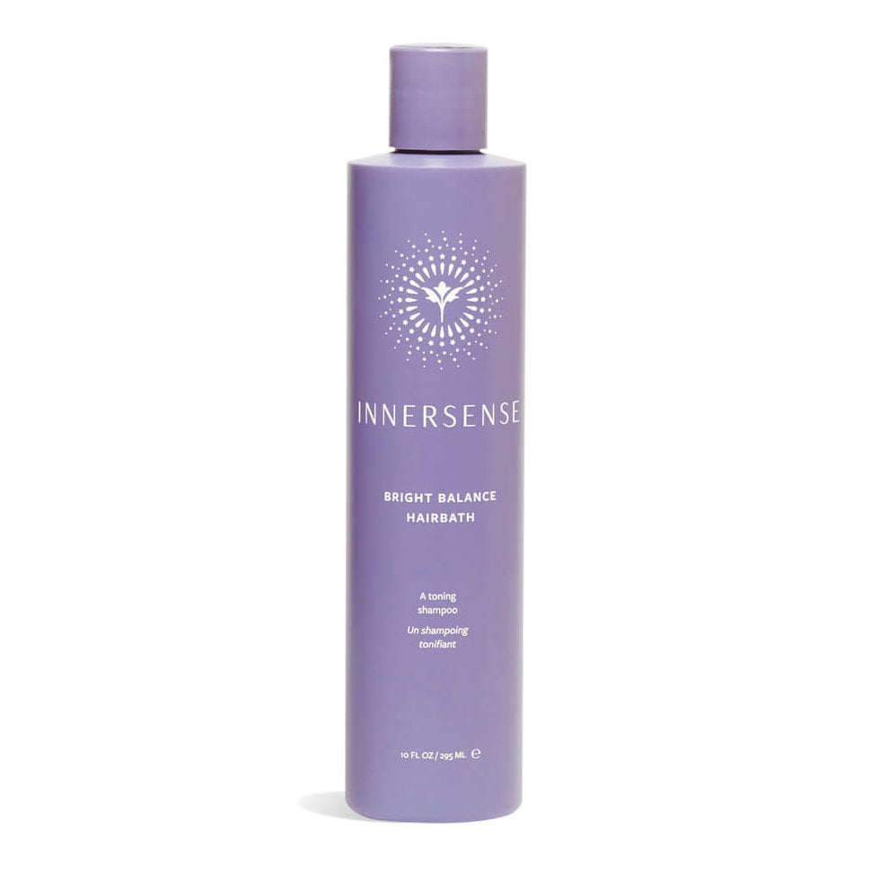 Innersense Bright Balance Hairbath – lila Flasche 295ml, passender Deckel, weißer Hintergrund – Haarpflege