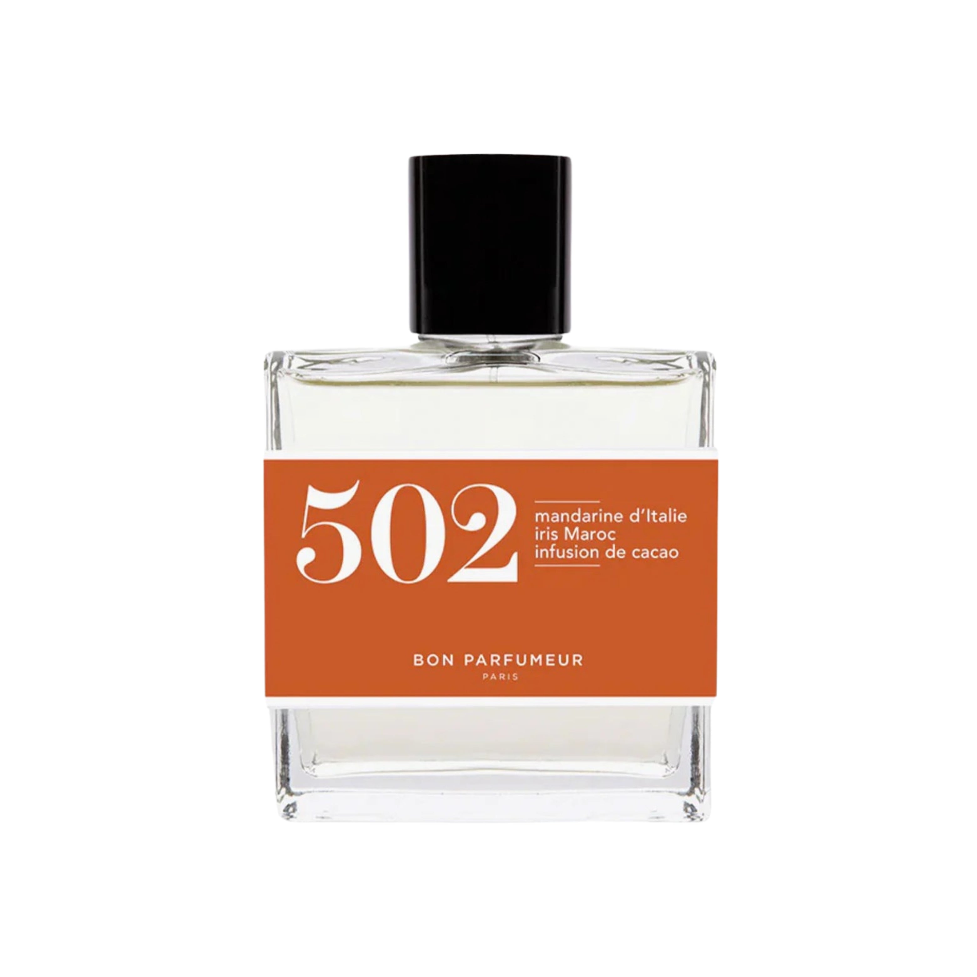 502 Iris Cartagena Eau de Parfum – klares Glasflakon 100ml, schwarzer Deckel, weißer Hintergrund – Parfüm