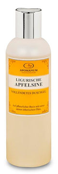 Apomanum Ligurische Apfelsine Duschgel – cremefarbene Flasche mit silbernem Deckel, orangefarbenes Etikett – Hautpflege