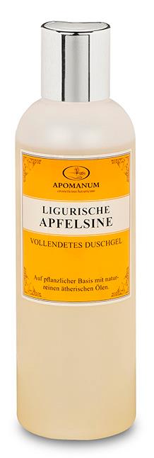 Apomanum Ligurische Apfelsine Duschgel – cremefarbene Flasche mit silbernem Deckel, orangefarbenes Etikett – Hautpflege