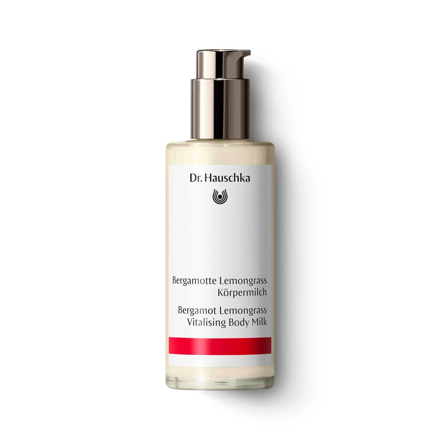 Dr. Hauschka Bergamotte Lemongrass Körpermilch – durchsichtige Flasche mit Pumpspender, weißem Etikett und rotem Streifen – Körperpflege