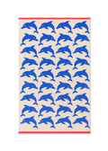 Jumping Dolphins Organic Cotton Bath Towel – cream with blue dolphins and red border – beach towel
