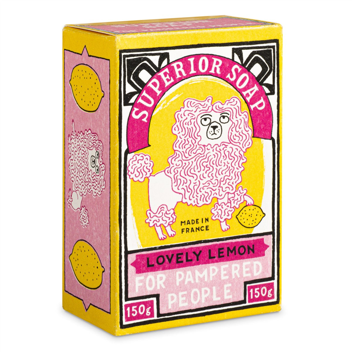 Superior Soap Lovely Lemon – gelbe Kartonverpackung 150g, rosa Zitronenmotiv, weißer Hintergrund – Handpflege