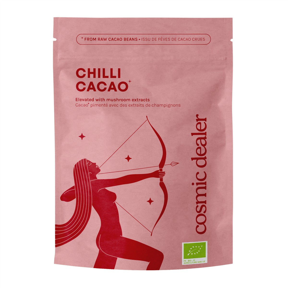 Cosmic Dealer Chilli Cacao – rosafarbene Standbeutelverpackung mit rotem Design, weißem Hintergrund – Superfood