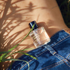 Rayon Vert Eau de Parfum – clear glass bottle with black cap, on denim and skin – perfume