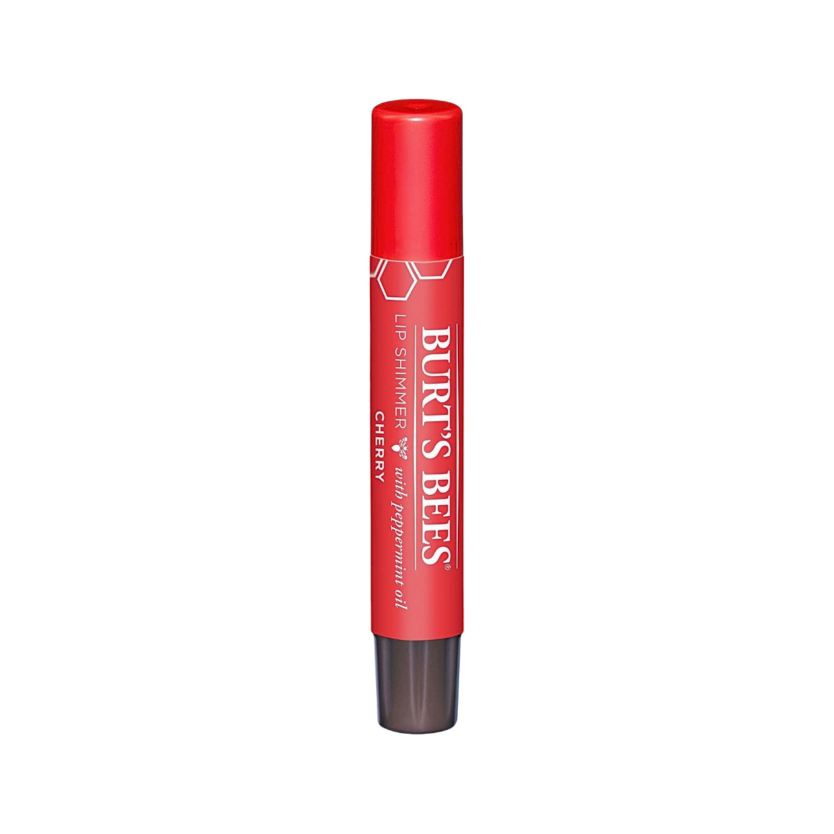 Burt’s Bees Lip Shimmer Kirsche – rote Tube mit braunem Deckel, weißer Hintergrund – Lippenpflege