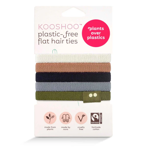 KOO SHOO Plastic Free Flat Hair Ties – 5er-Pack in Naturtönen, weißes Karton-Display – Haaraccessoires