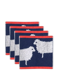 Sheep Organic Cotton Washcloths – 4 pieces, navy blue with red border and sheep motif, white background – facial cleansing