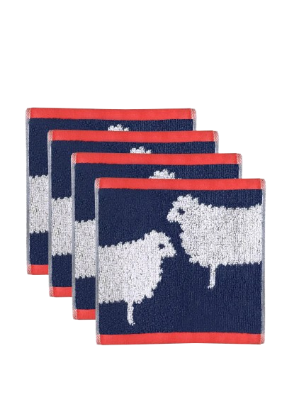 Sheep Organic Cotton Waschlappen – 4 Stück, marineblau mit rotem Rand und Schafmotiv, weißer Hintergrund – Gesichtsreinigung