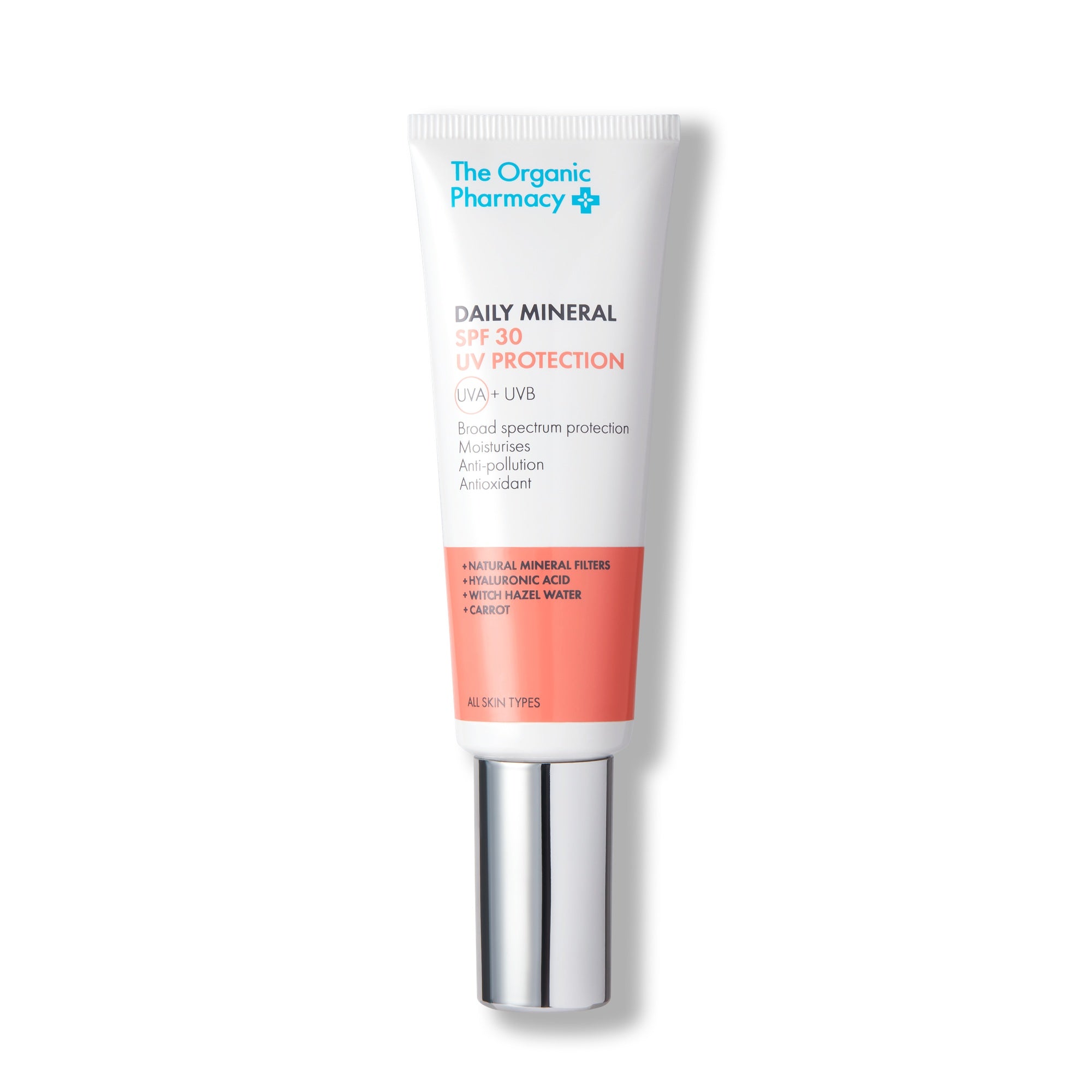 The Organic Pharmacy Daily Mineral SPF 30 – weiße Tube mit silbernem Deckel, weißem Hintergrund – Hautpflege