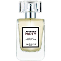 Chaman's Party Eau de Toilette – klares Glasflakon mit silbernem Zerstäuber, weißem Etikett und weißem Hintergrund – Parfüm