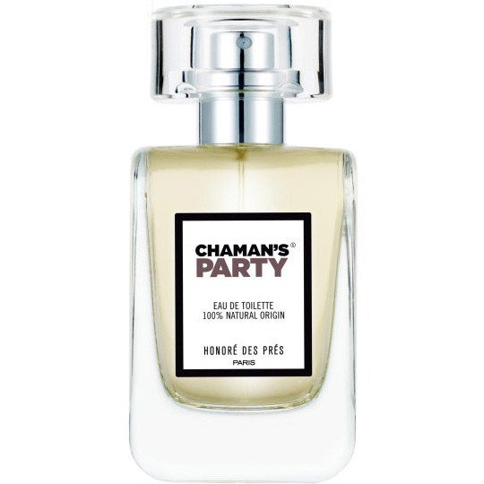 Chaman's Party Eau de Toilette – klares Glasflakon mit silbernem Zerstäuber, weißem Etikett und weißem Hintergrund – Parfüm