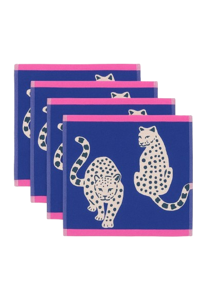 Snow Leopards Bio-Baumwollwaschlappen – blau mit pinkem Rand, Schneeleopard-Motiv, weißer Hintergrund – Gesichtspflege