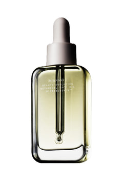 (M)ANASI 7 Botanical Face Oil – klares Glasfläschchen mit Pipettenverschluss, weißem Deckel, weißem Hintergrund – Hautpflege
