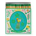 Lucky Matches – colorful matchbox with clover design, green tips, white background – decorative item