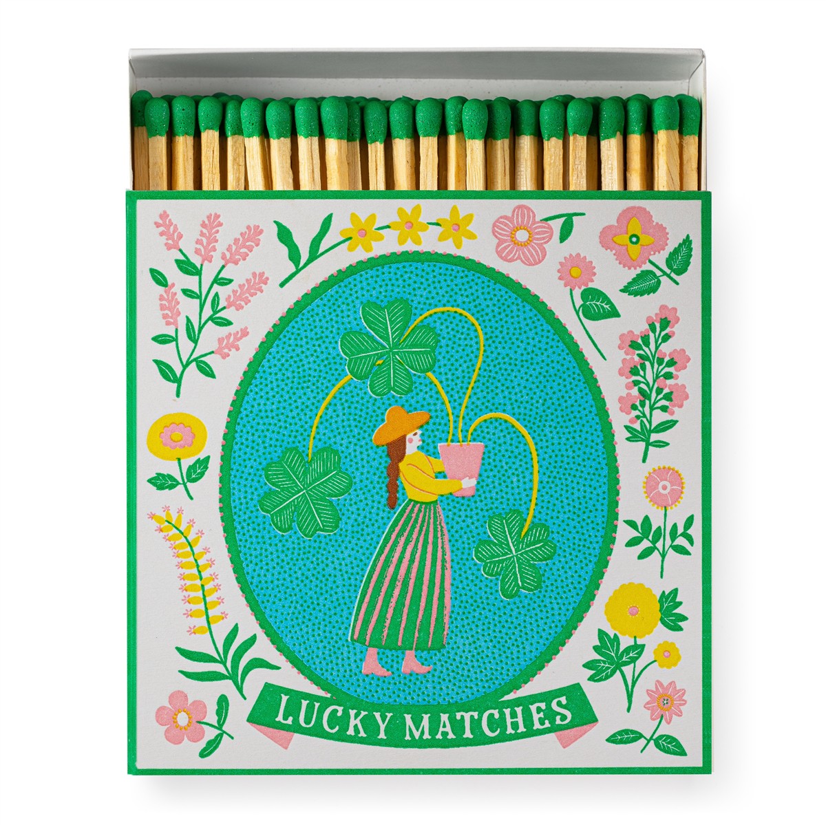Lucky Matches – colorful matchbox with clover design, green tips, white background – decorative item