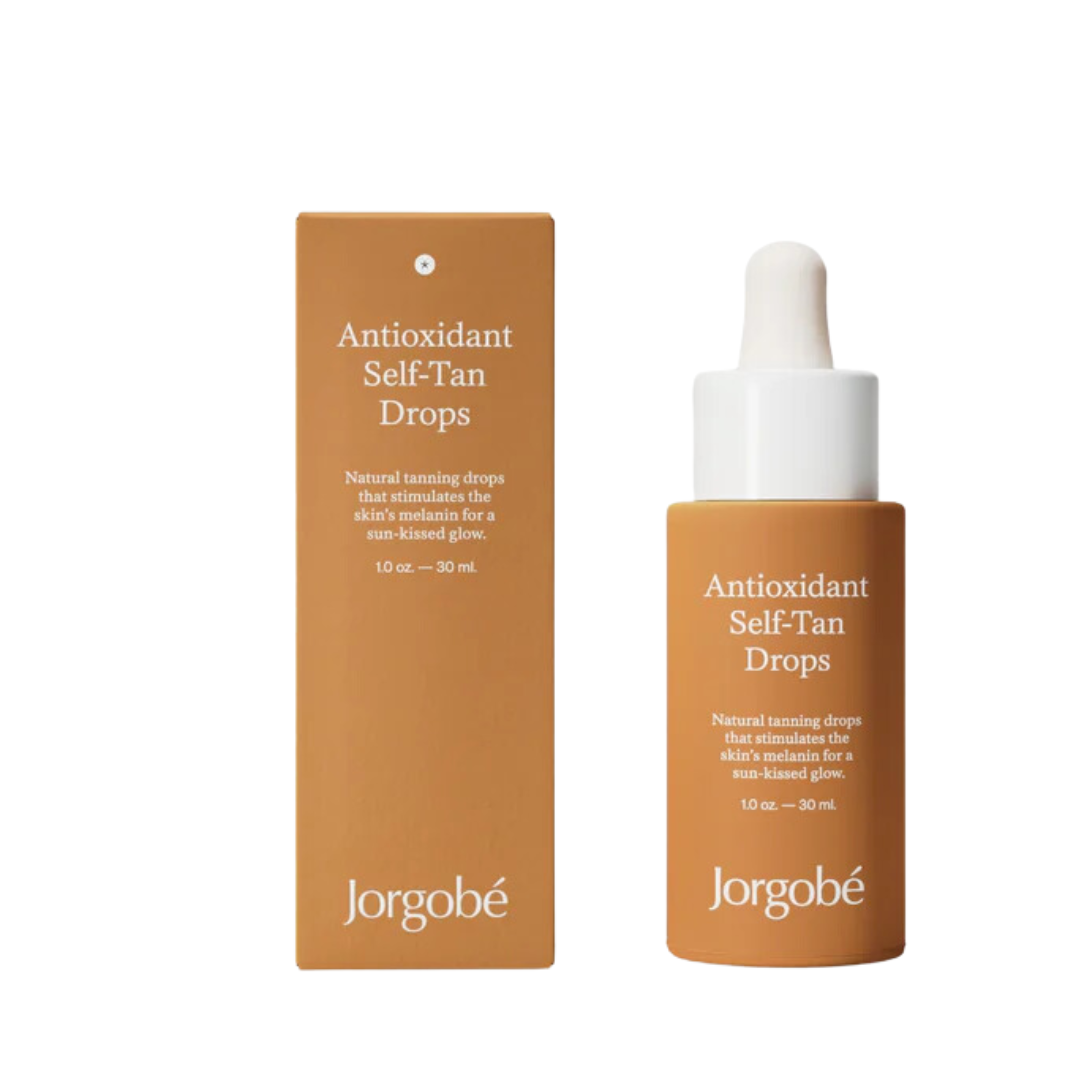Jorgobé Antioxidant Self-Tan Drops – braune Glasflasche 30ml, weißer Tropfverschluss, weißer Hintergrund – Selbstbräuner