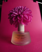 Pink Iris Eau de Parfum – pink glass bottle 50ml, white flower cap, pink background – perfume