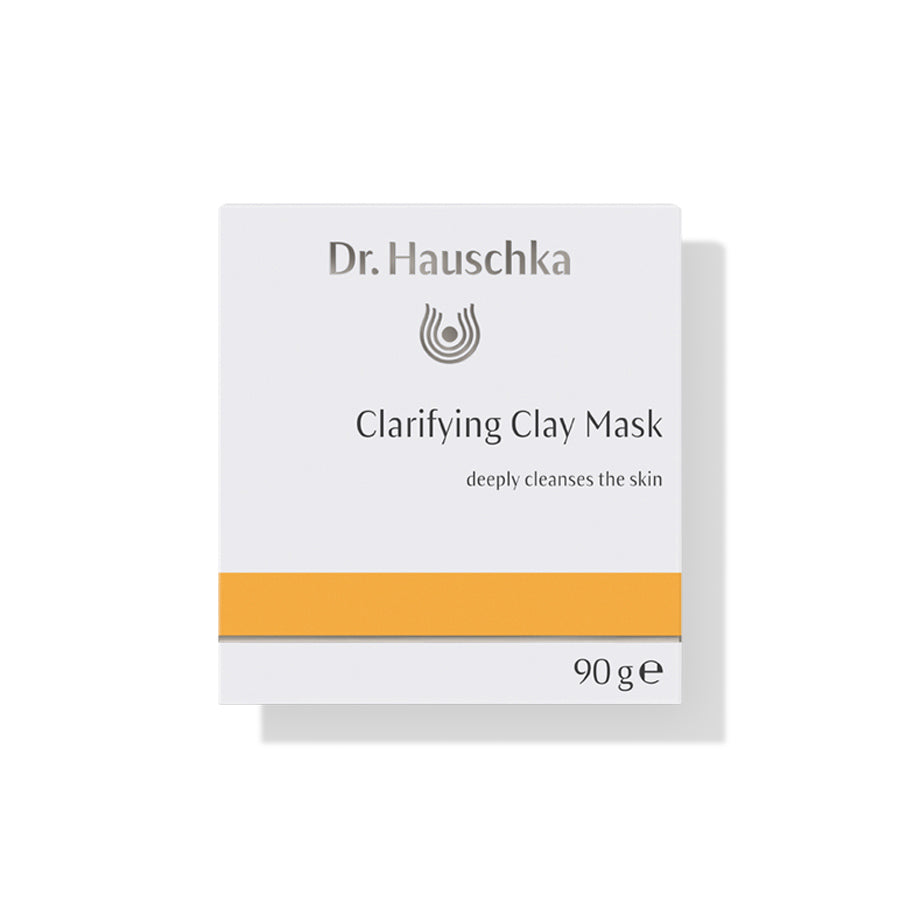 Dr. Hauschka Reinigungsmaske Tiegel – weißes Quadrat 90 g, orangefarbener Streifen, weißer Hintergrund – Hautpflege