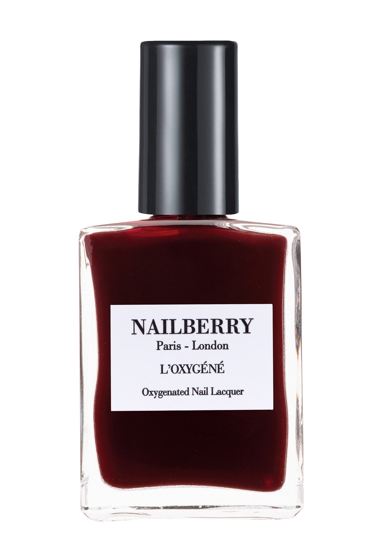 NAILBERRY L'Oxygéné Nagellack – klares Glasfläschchen, schwarzer Deckel, weißer Hintergrund – Nagelpflege