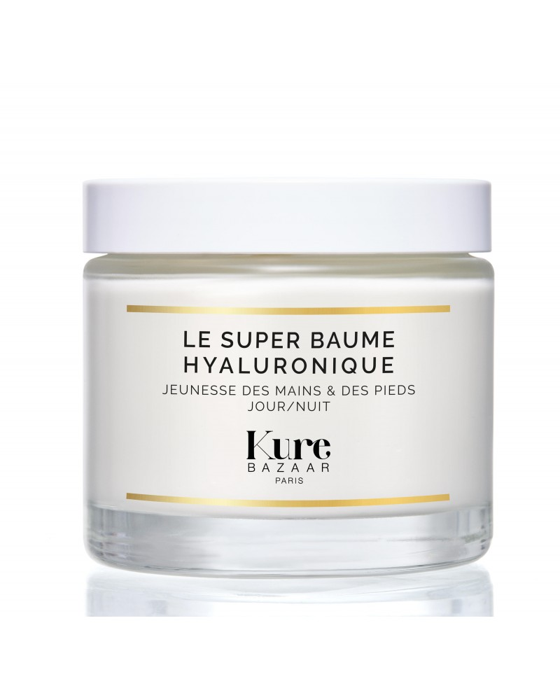 Kure Bazaar Le Super Baume Hyaluronique – durchsichtiger Glasbehälter mit weißem Deckel, weißer Hintergrund – Hautpflege