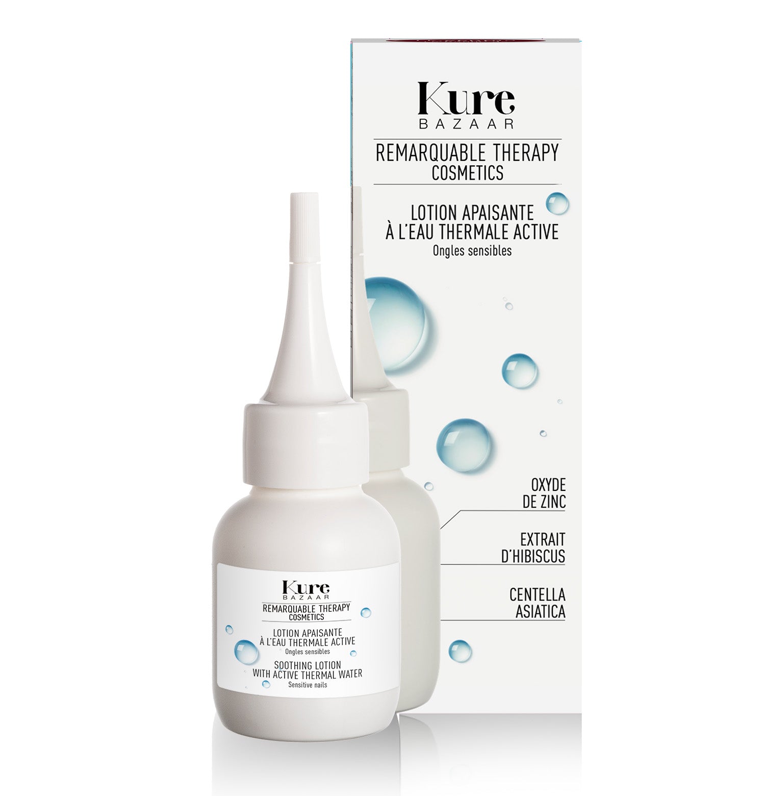 Kure Bazaar Remarquable Therapy beruhigende Lotion – weiße Flasche mit Tropfenspitze, weißer Hintergrund – Nagelpflege