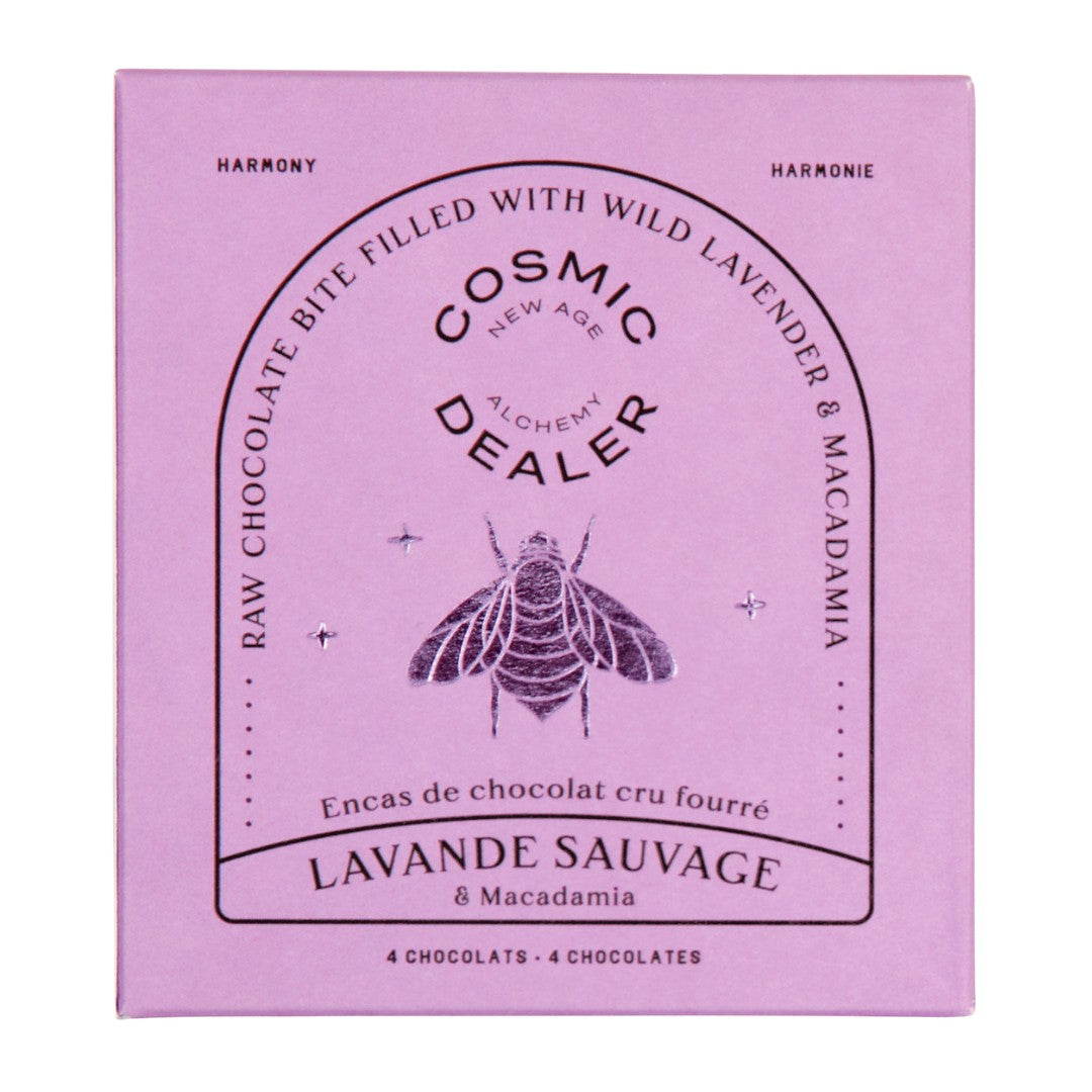 Cosmic Alchemy Dealer Lavande Sauvage Schokoladenbox – lila Verpackung, 4 Stück, weißer Hintergrund – Beauty-Snack