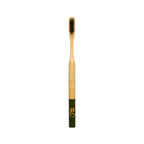 Bamboo toothbrush with green handle and gold logo, black bristles, white background – oral care