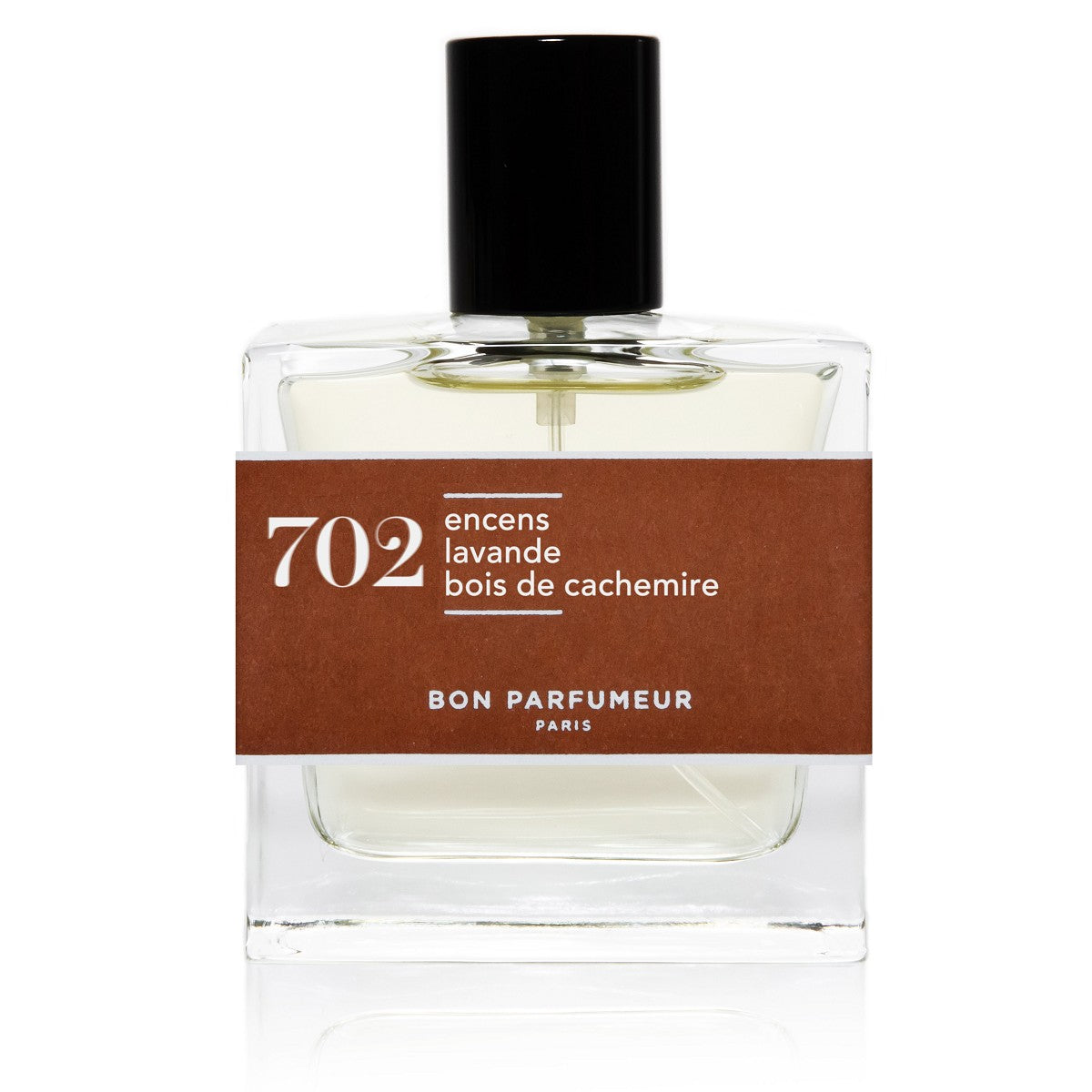 702 Incense von Bon Parfumeur – klares Glasfläschchen 30ml, braunes Etikett, schwarzer Verschluss, weißer Hintergrund – Parfüm