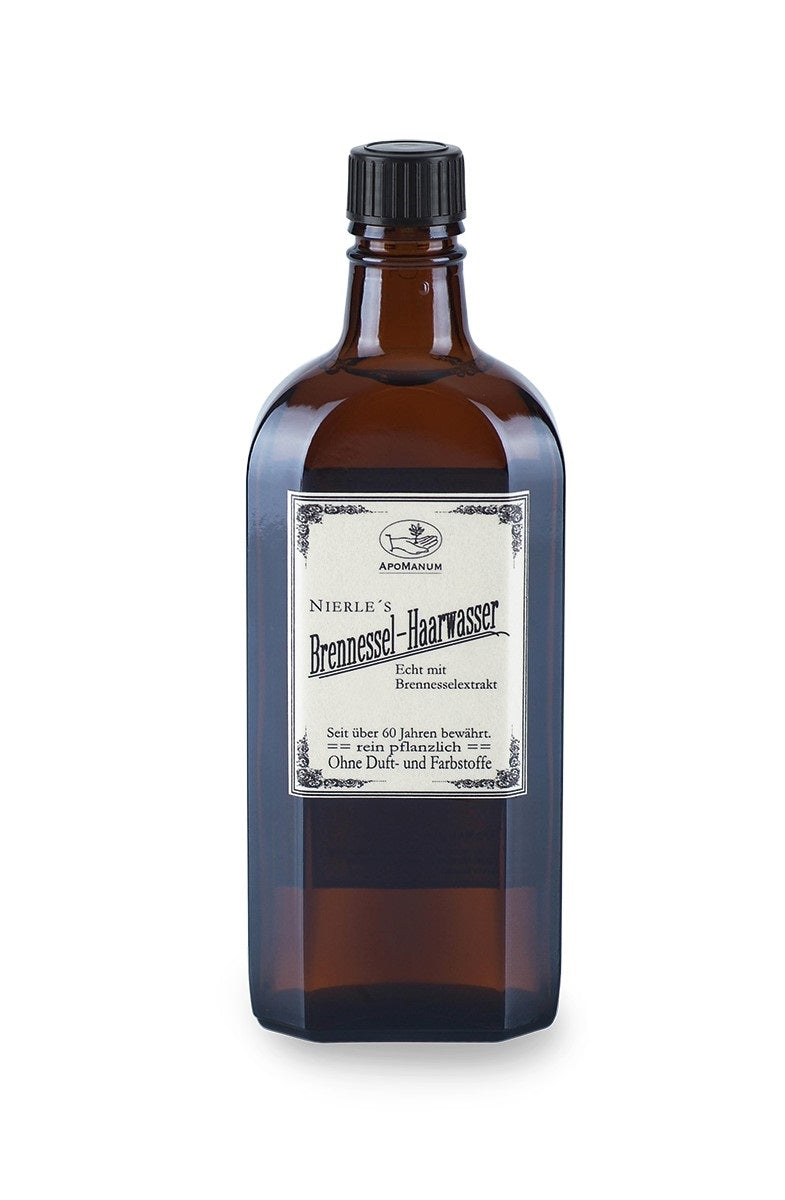 Nierle’s Brennessel-Haarwasser – braune Glasflasche mit schwarzem Schraubverschluss, weißem Etikett und weißem Hintergrund – Haarpflege