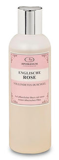 Apomanum Englische Rose Noir Duschgel – cremefarbene Flasche mit silbernem Deckel, rosa Etikett, weißem Hintergrund – Hautpflege