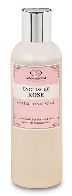 Apomanum Englische Rose Noir Duschgel – cremefarbene Flasche mit silbernem Deckel, rosa Etikett, weißem Hintergrund – Hautpflege