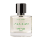 Bastille Hors-piste Eau de Parfum – clear glass bottle with black cap, green text, white background – perfume